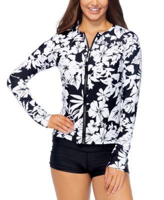 RAISINS JUNIORS' FLORAL LONG-SLEEVE ZIP-FRONT RASH GUARD WOMEN'S SWIMSUIT 