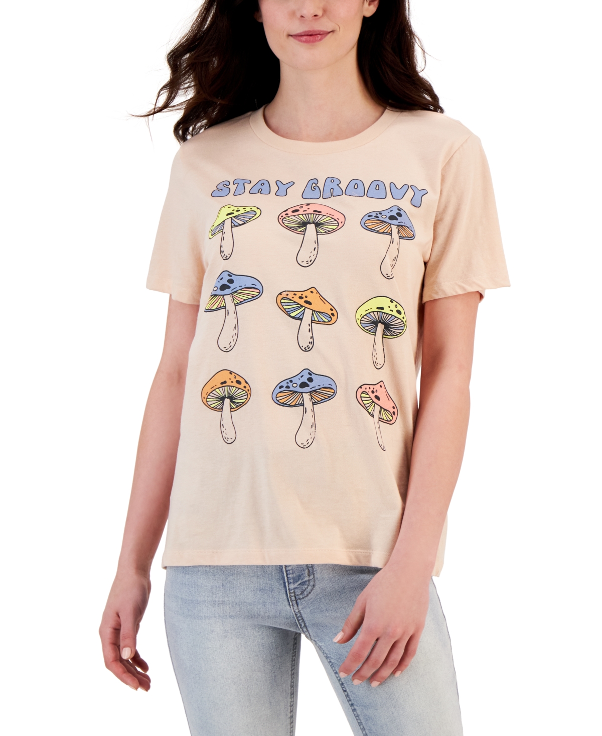 Grayson Threads Black Juniors' Stay Groovy Mushroom Short-sleeve T-shirt In Beige