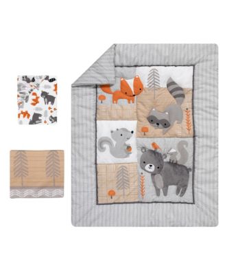 Baby Acorn Gray/Beige/White/Orange Woodland Fox, Raccoon, Squirrel & Bear 3-Piece Nursery Crib Bedding Set