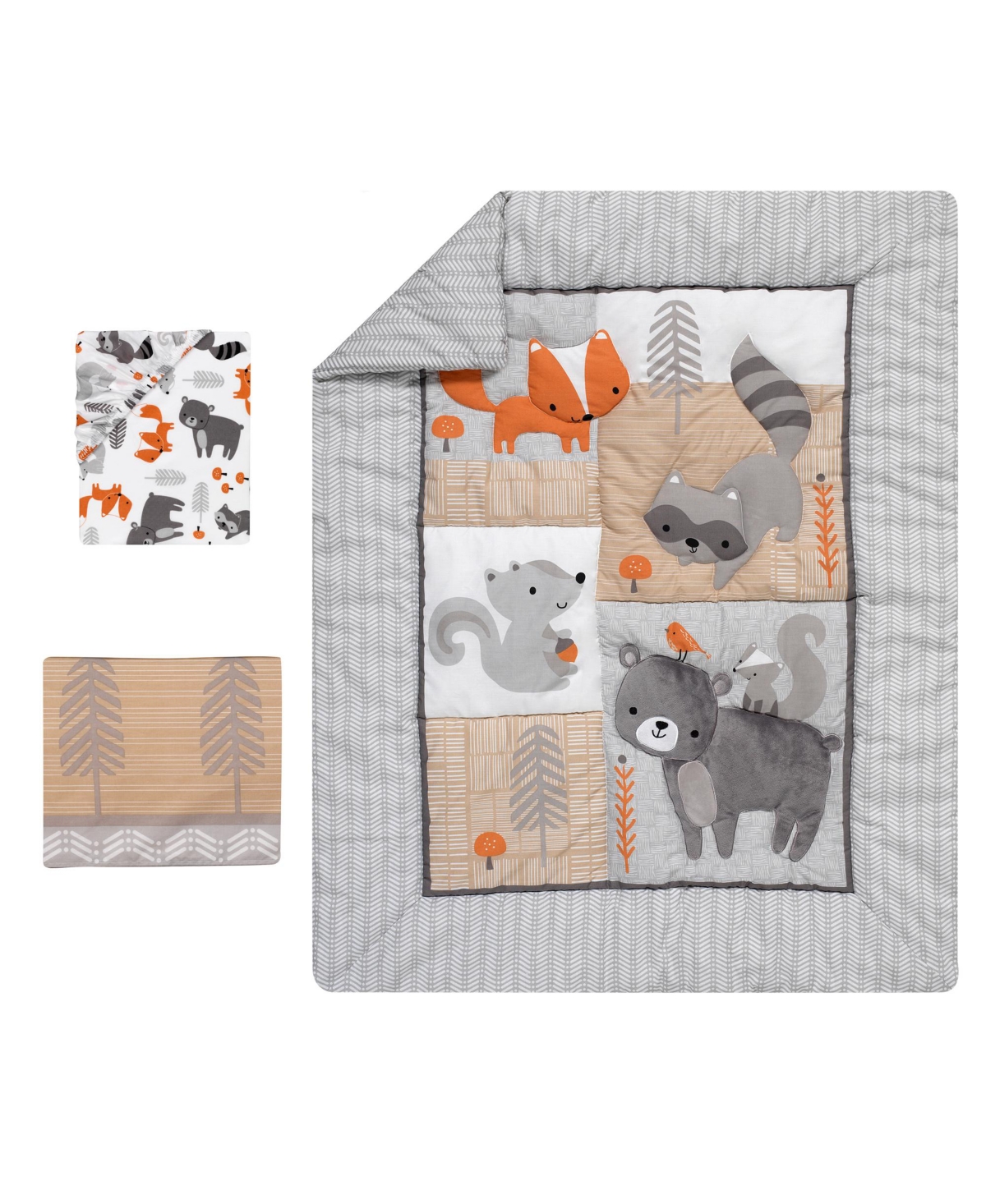 Bedtime Originals Acorn Gray/Beige/White/Orange Woodland Fox, Raccoon, Squirrel & Bear 3-Piece Baby Nursery Crib Bedding Set