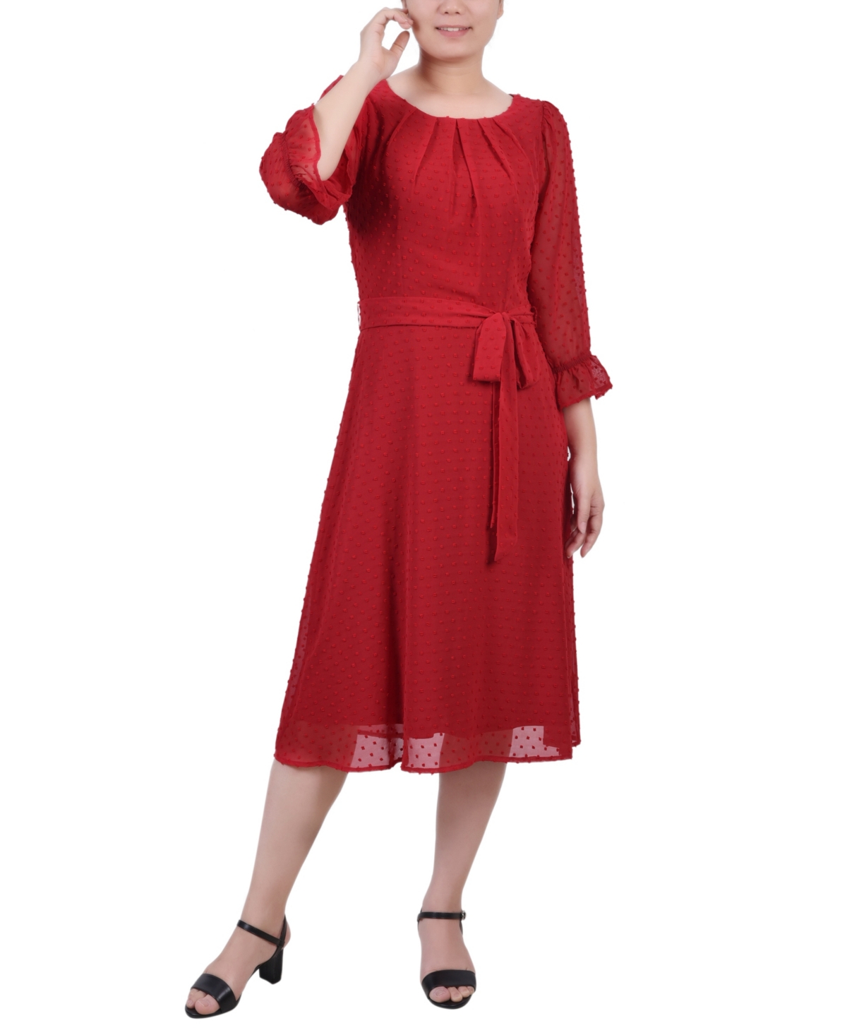 Ny Collection Petite Belted Swiss Dot Dress In Jester Red
