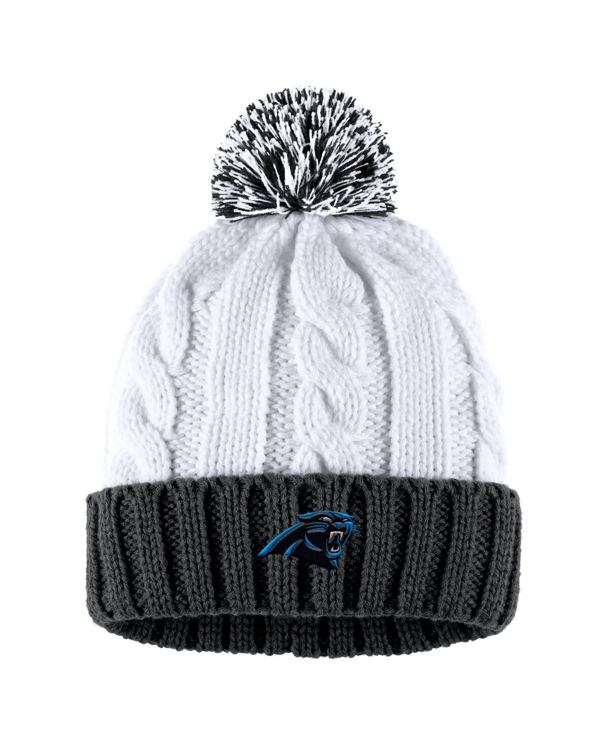 Shop Wear By Erin Andrews Women's  Black, White Carolina Panthers Cable Stripe Cuffed Knit Hat With Pom An In Black,white