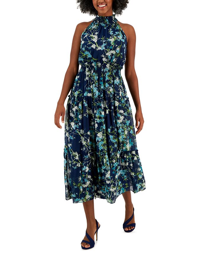 Taylor Serena Printed Chiffon Smocked-Detail Maxi Dress - Macy's