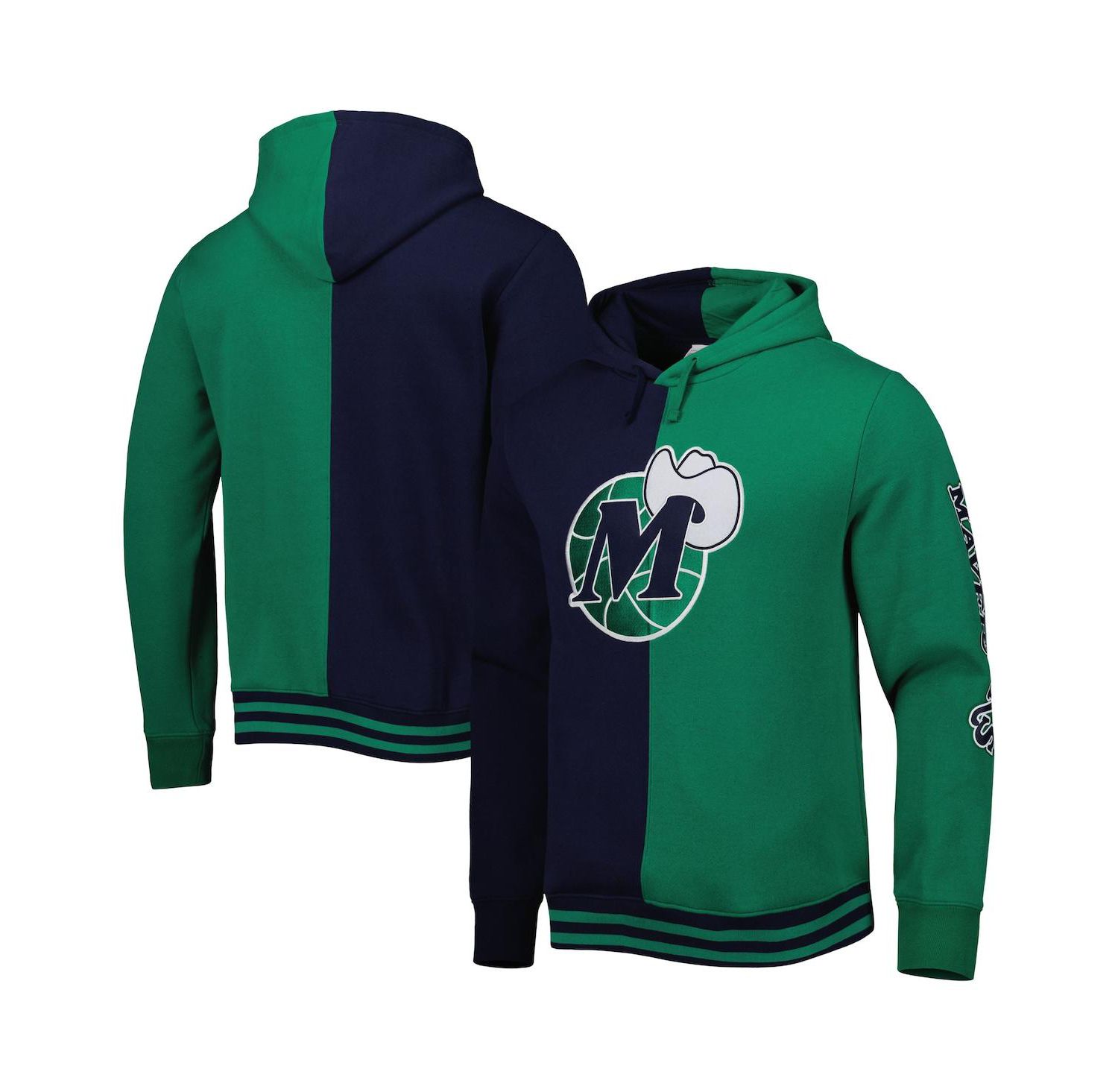 Men's Navy, Green Dallas Mavericks Hardwood Classics Split Pullover Hoodie