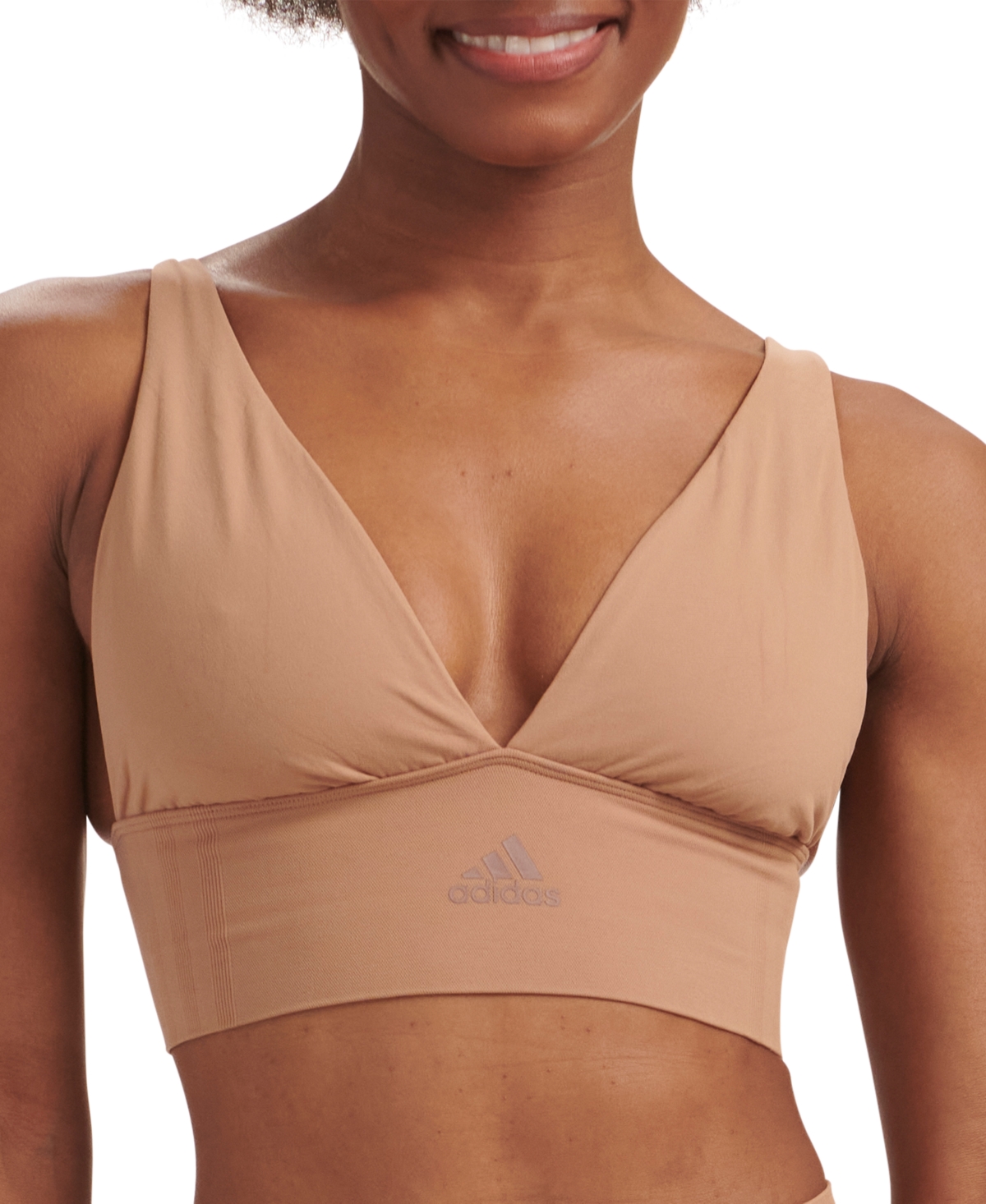 Shop Adidas Originals Intimates Women's Longline Plunge Light Support Bra 4a7h69 In Toasted Almond
