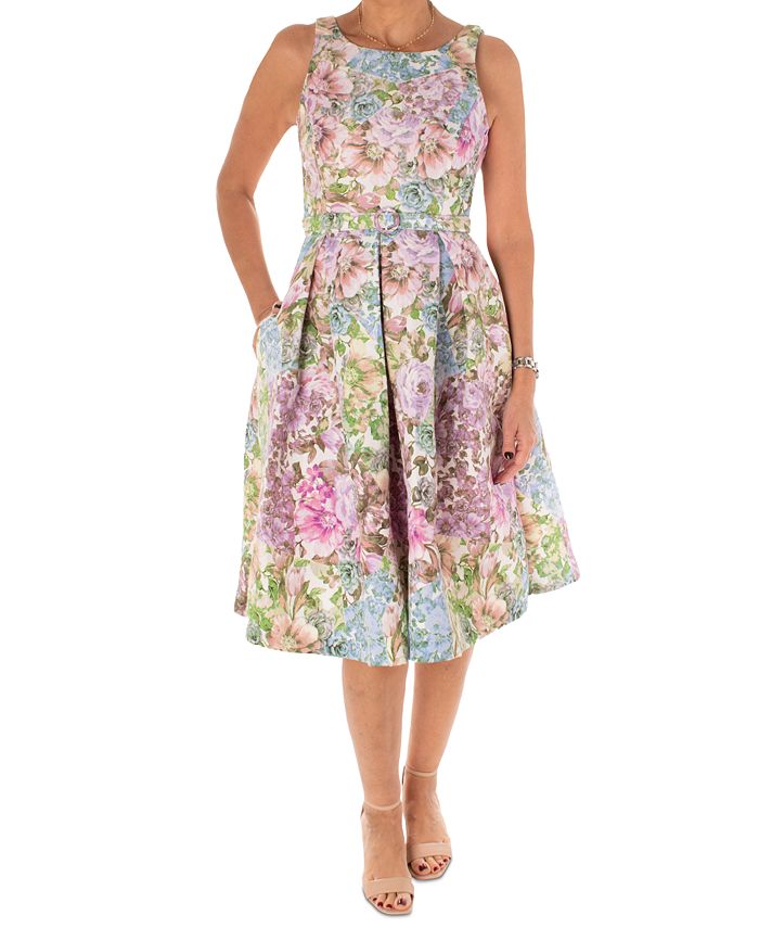 Maison Tara Women's Floral-Print Jacquard Fit & Flare Cutout Dress - Macy's