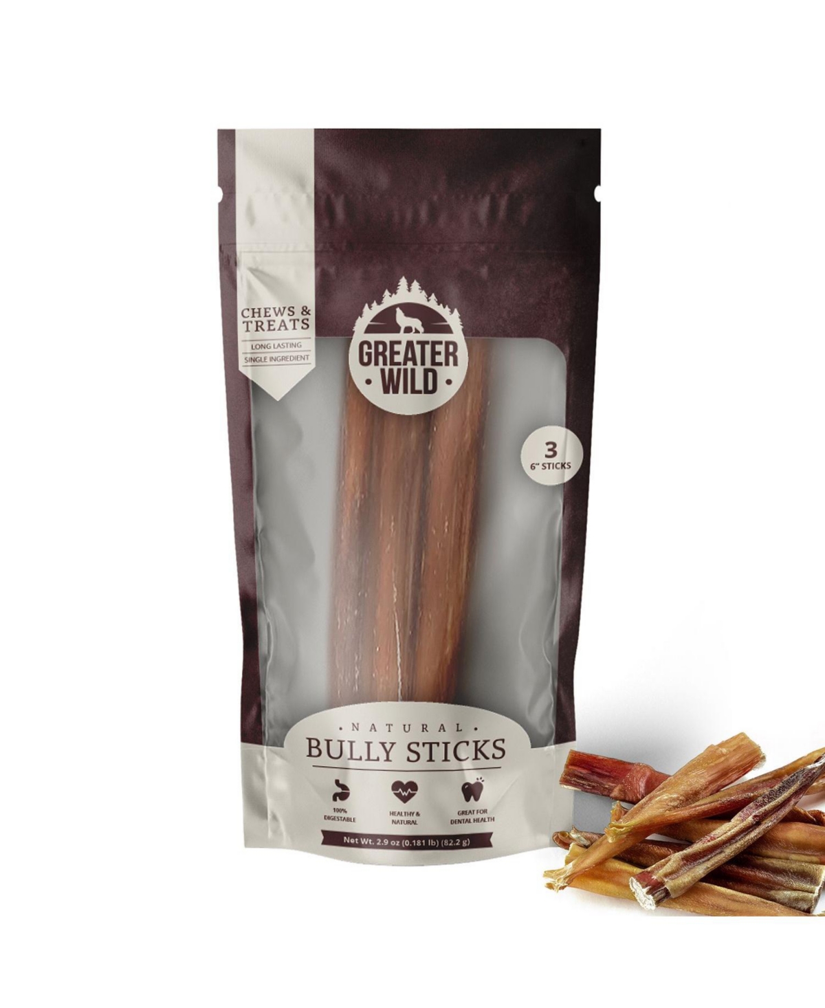 6" Single-Ingredient Beef Bully Sticks, All-Natural Dog Treats - 3 Sticks - Brown