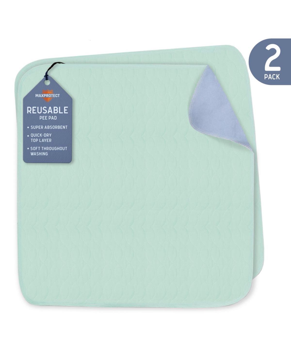MaxProtect Reusable Pee Pads For Dogs, Training Underpads, Heavy-Duty Absorbency - 2 Pack, 34" x 36" - Green Blue