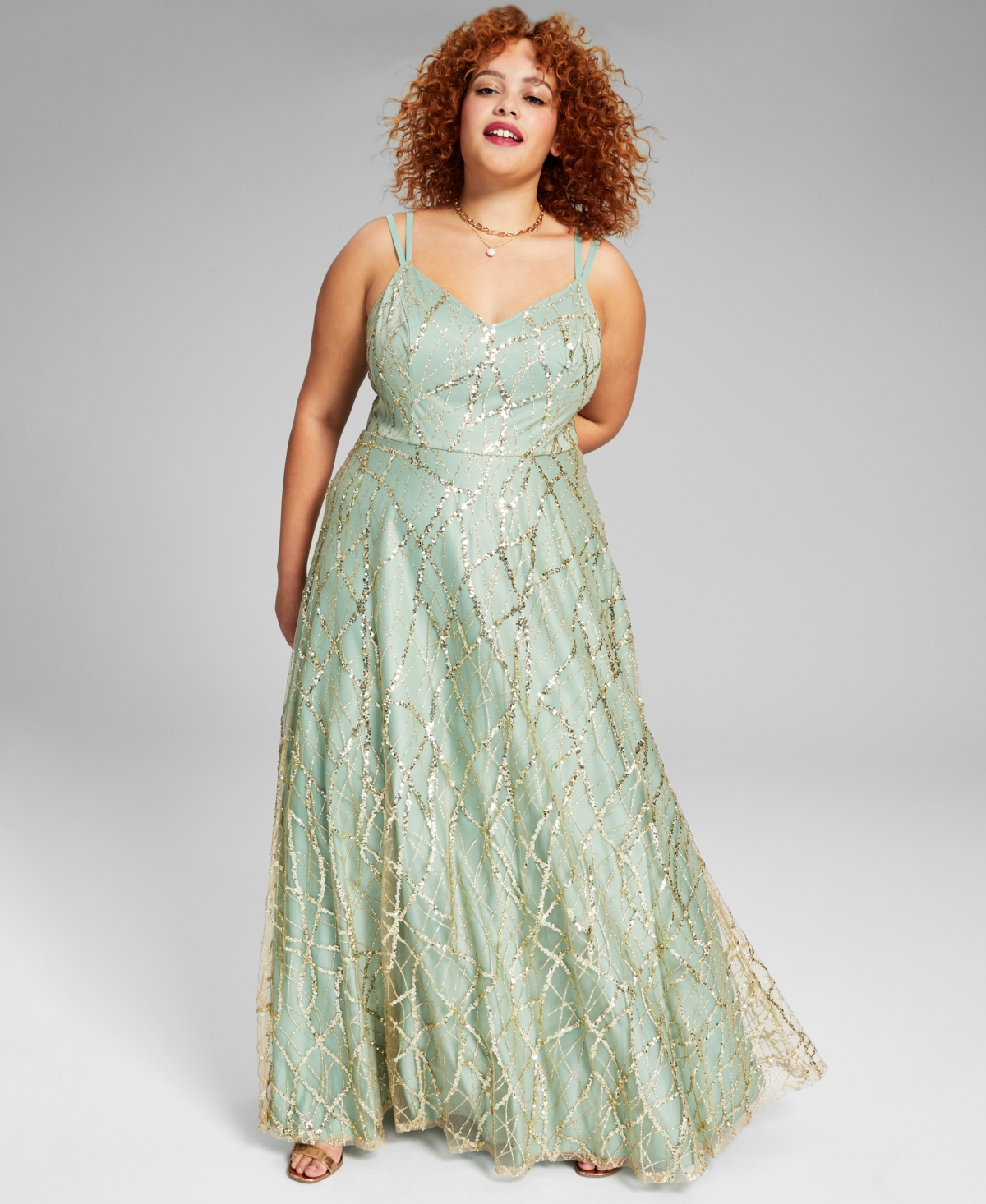 Trendy Plus Size Glitter Mesh Gown, Created for Macy's - Gold/sage