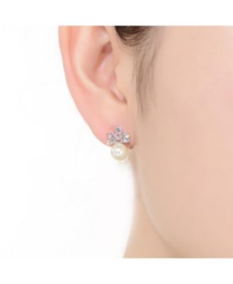 GV  Sterling Silver White Gold Plated White Round Freshwater Pearl with Clear Heart and Round Cubic Zirconia Earrings