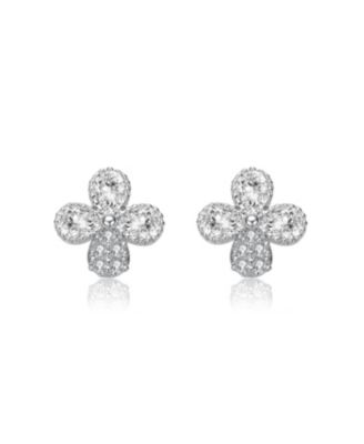 GV Sterling Silver White Gold Plated Clear Pear and Round Cubic Zirconia Clover Earrings