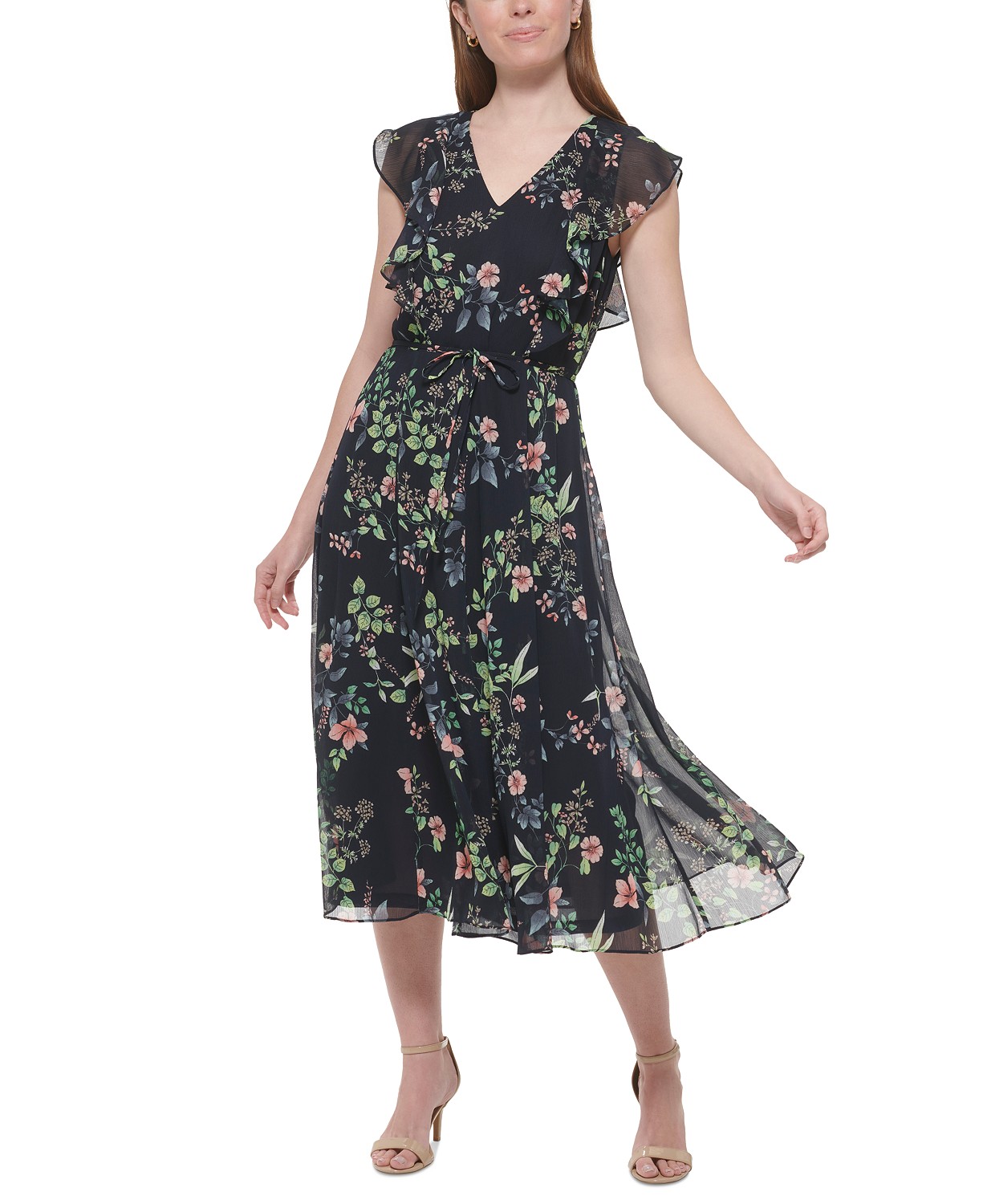 Petite Floral-Print Ruffled Midi Dress