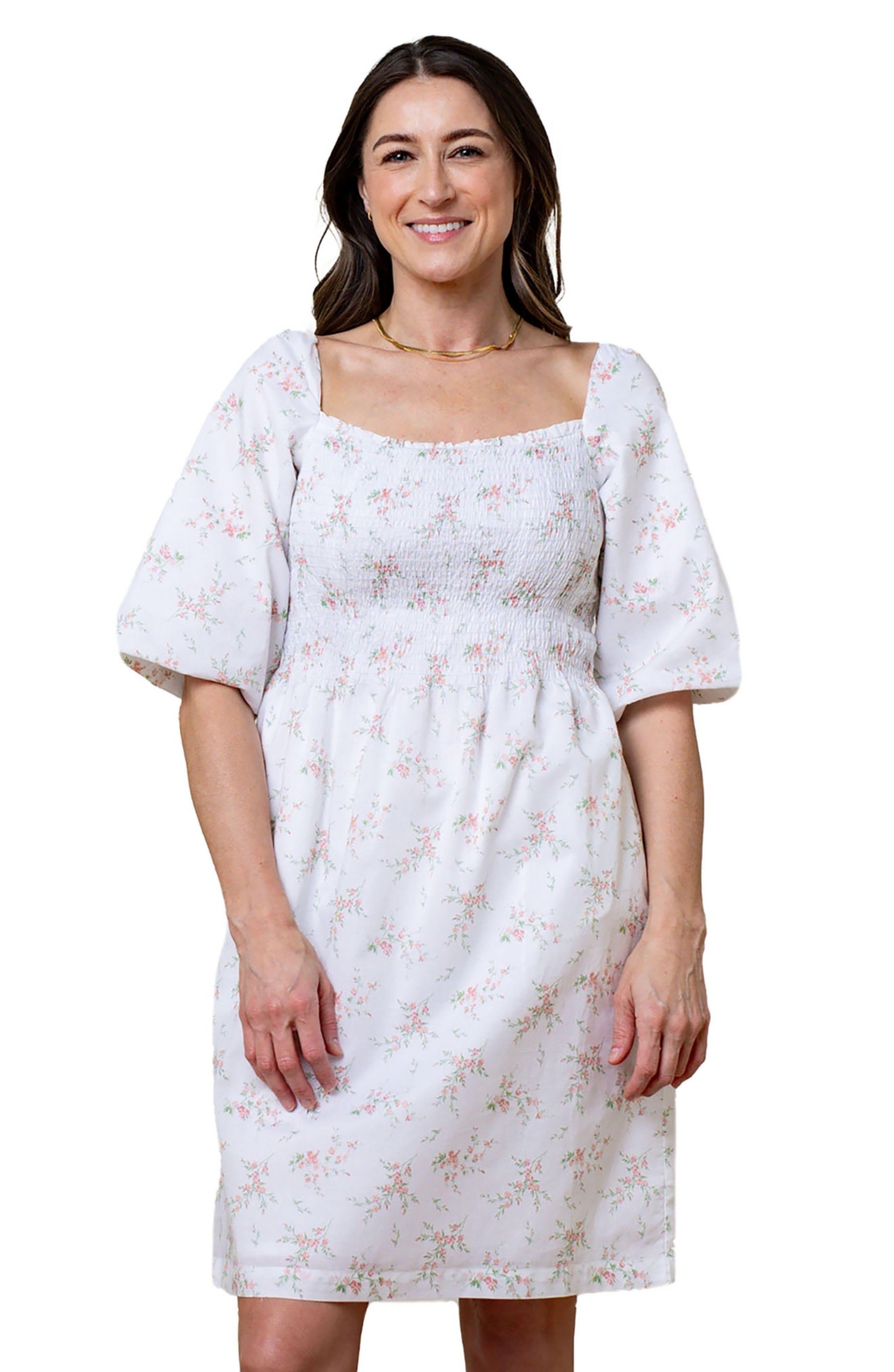 Hope & Henry Women's Smocked Bubble Sleeve Dress - Pink And Green Bouquet Floral