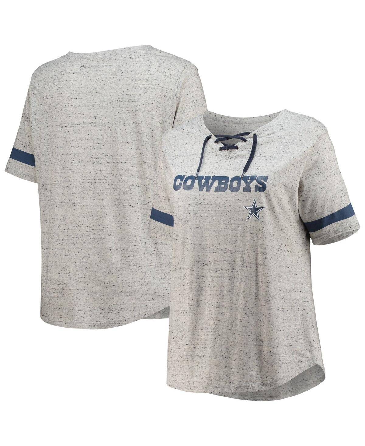 Women's Heathered Gray Dallas Cowboys Plus Size Lace-Up V-Neck T-shirt - Heather Gray, Navy