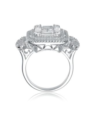 Sterling Silver White Gold Plated Clear Baguette and Round Cubic Zirconia's Double Halo Clustered Cocktail Ring