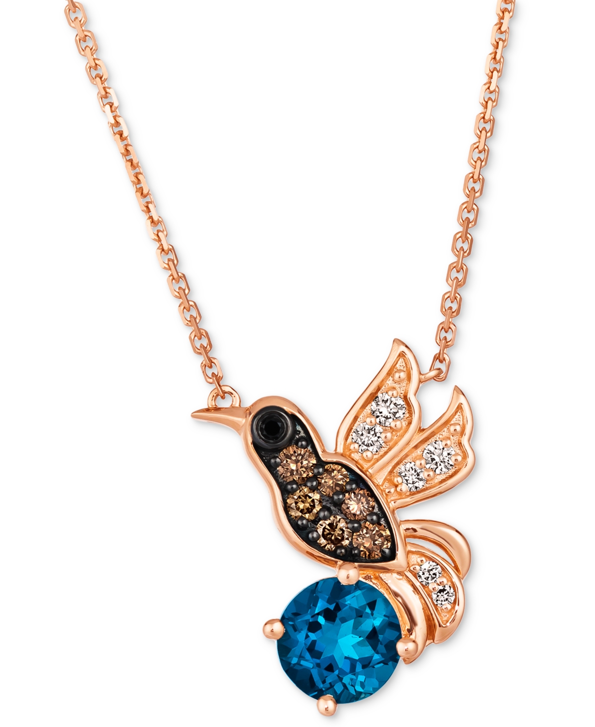 Le Vian Deep Sea Blue Topaz (1-3/8 ct. t.w.) & Diamond (1/3 ct. t.w.) Hummingbird Pendant Necklace in 14k Rose Gold, 18" + 2" extender
