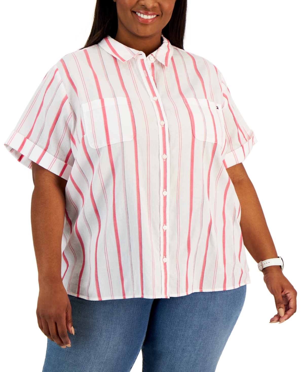 Shop Tommy Hilfiger Plus Size Cotton Striped Camp Shirt In Azalea Multi