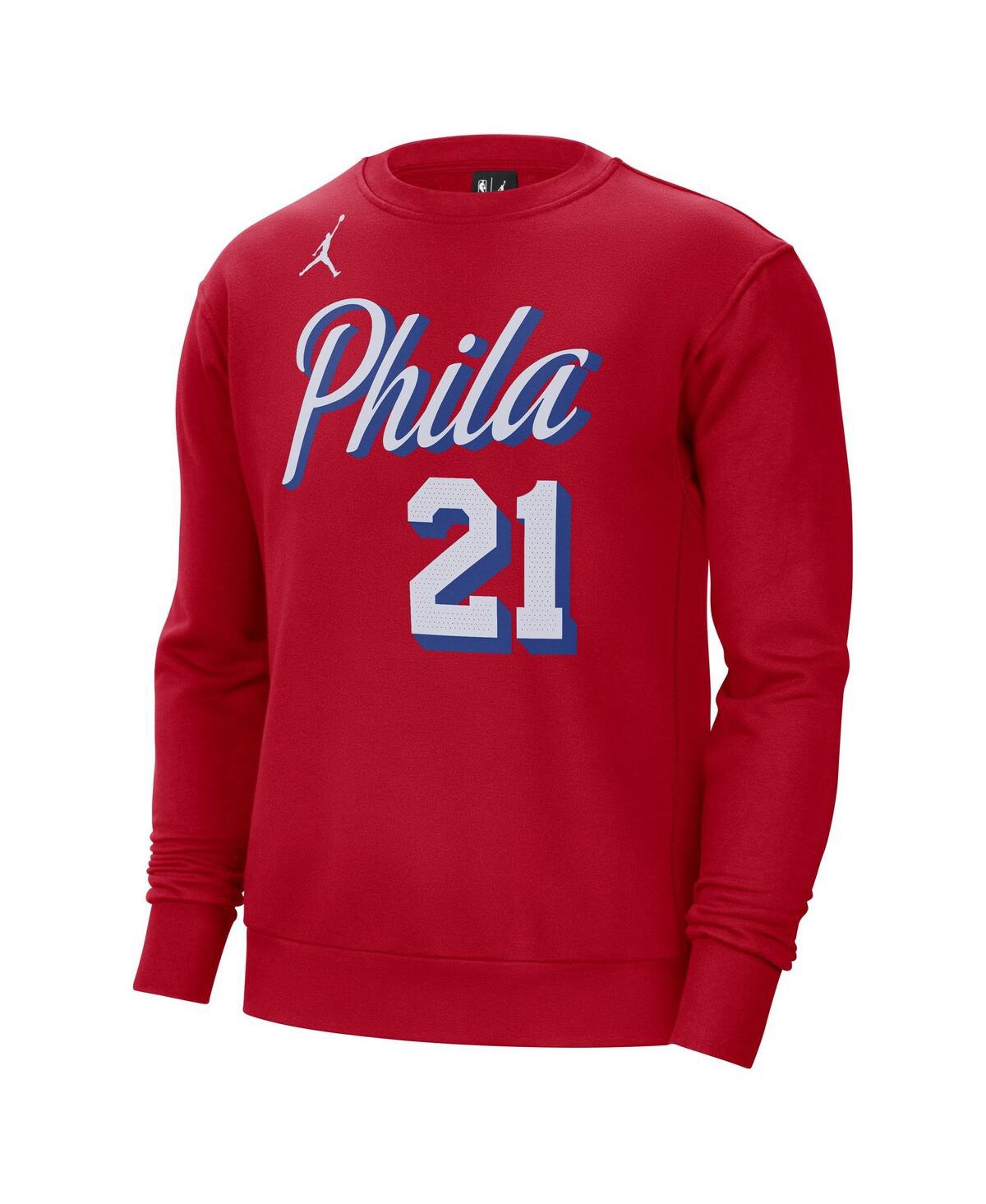 Shop Jordan Men's  Joel Embiid Red Philadelphia 76ers Statement Name And Number Pullover Sweatshirt
