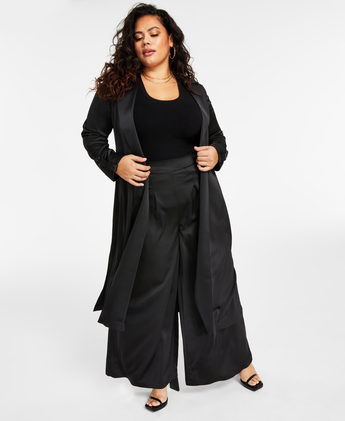 Nina Parker Trendy Plus Size Satin Collared Duster In Black