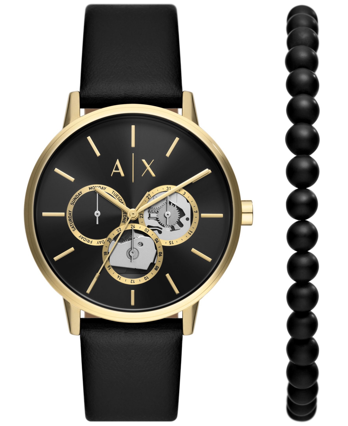 Ax Armani Exchange A X Armani Exchange Men's Multifunction Black Leather Strap Watch, 42mm And Black Onyx Beaded Bracel