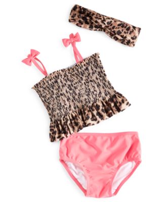First Impressions - Baby Girls 3-Pc. Leopard Smocked Swim Set