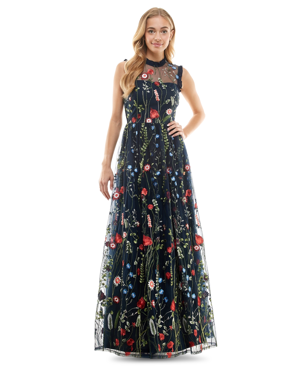 City Studios Juniors' Embroidered Mesh Ruffled Gown