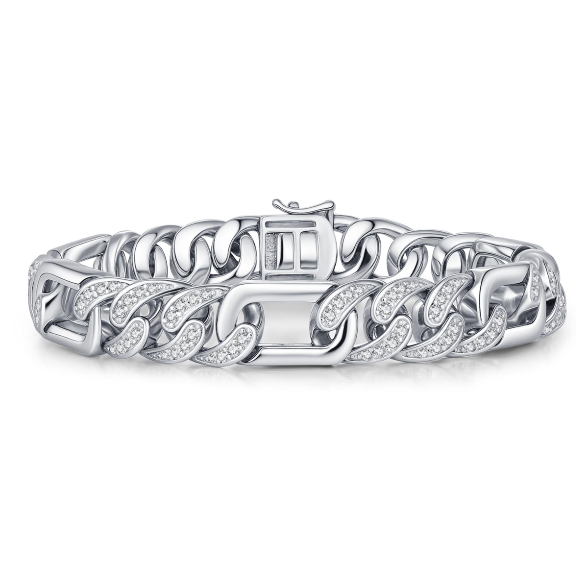 Men's Sterling Silver White Gold Plated with Iced Out Cubic Zirconia Oblong Curb Chain Bracelet - Silver