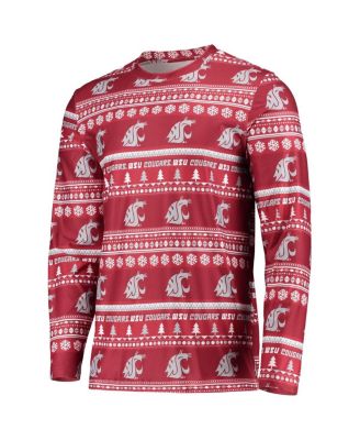 Men's Crimson Washington State Cougars Ugly Sweater Long Sleeve T-shirt and Pants Sleep Set
