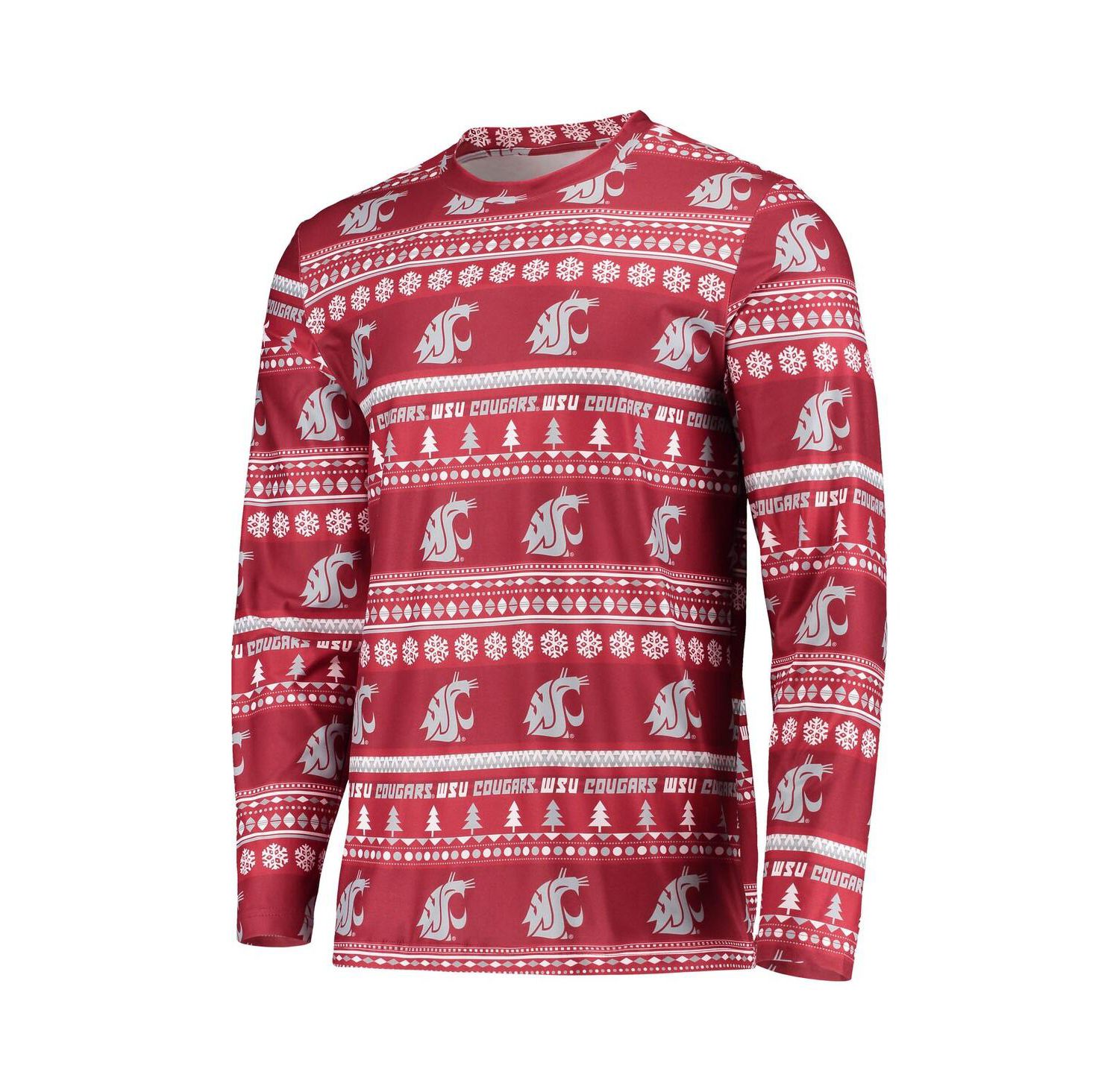 Men's Crimson Washington State Cougars Ugly Sweater Long Sleeve T-shirt and Pants Sleep Set