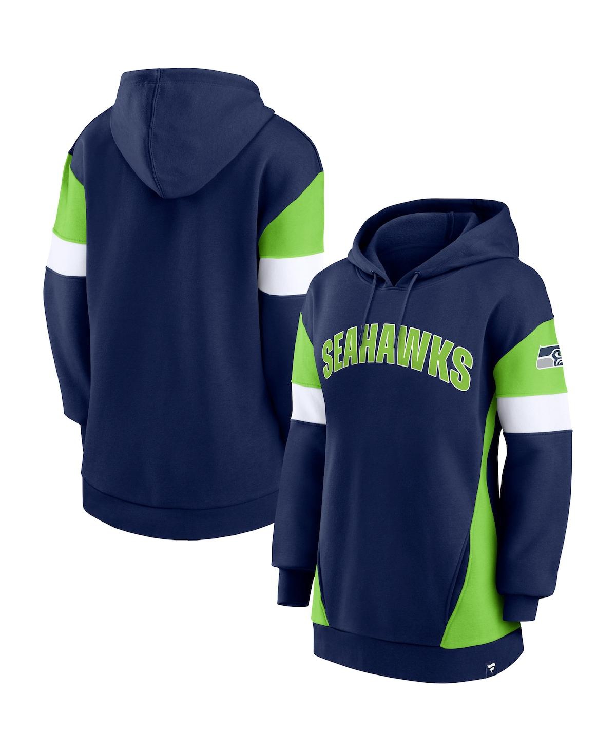 Shop Fanatics Women's  College Navy, Neon Green Seattle Seahawks Lock It Down Pullover Hoodie In Navy,neon Green