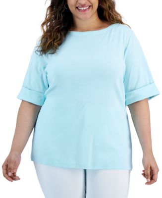 Karen Scott Plus Size Cotton Elbow-Sleeve Top, Created for Macy's - Macy's