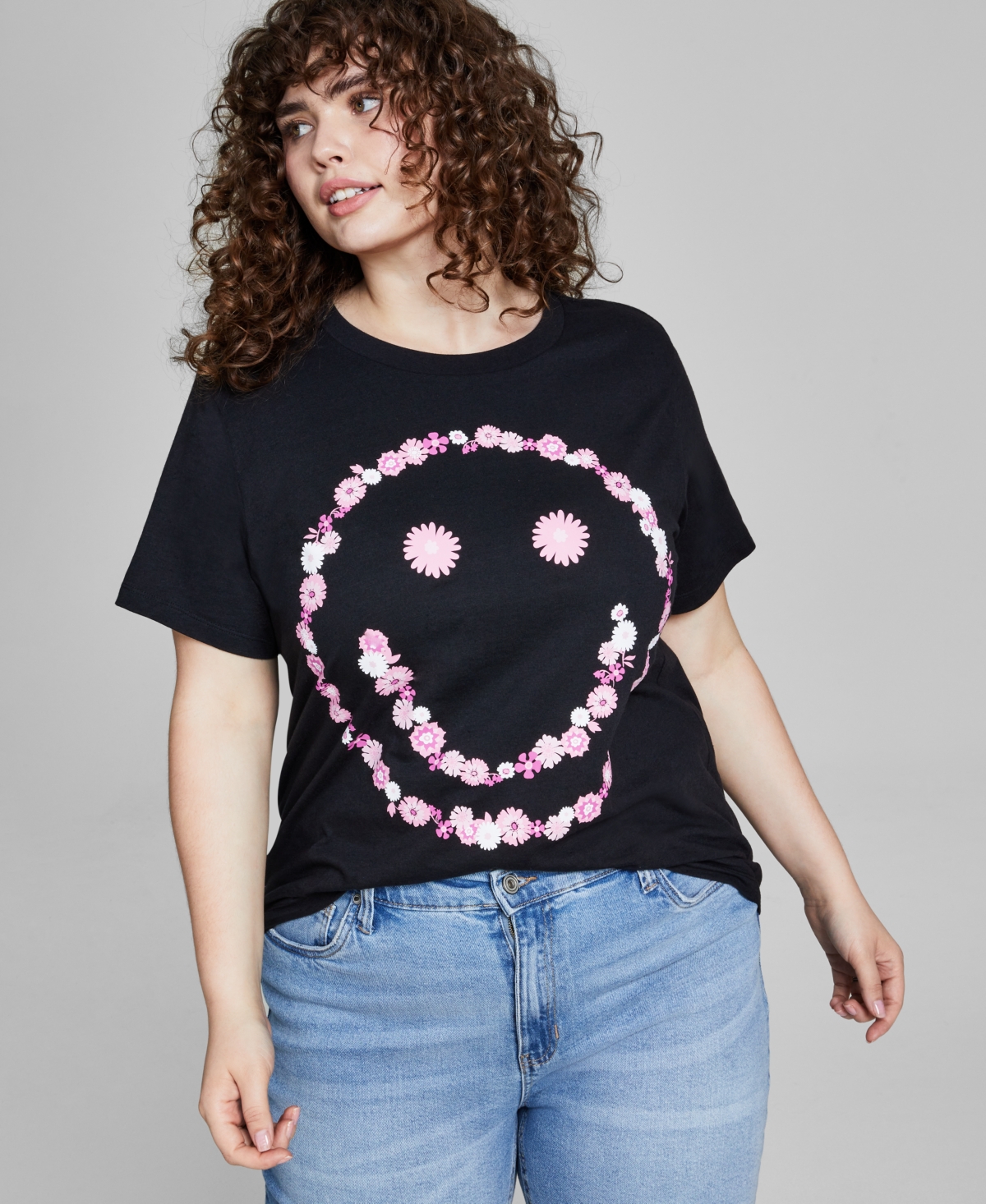 Grayson Threads Black Trendy Plus Size Short-sleeve Floral Smiley T-shirt In Jet Black