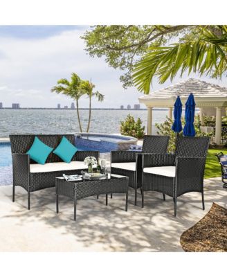 4PCS Patio Rattan Furniture Set Cushioned Sofa Coffee Table