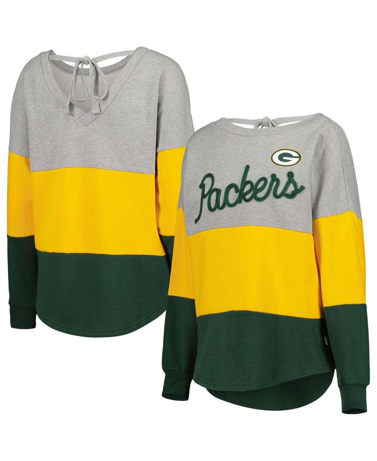 Women's Touch Heathered Gray, Green Green Bay Packers Outfield Deep V-Back Pullover Sweatshirt - Heathered Gray, Green