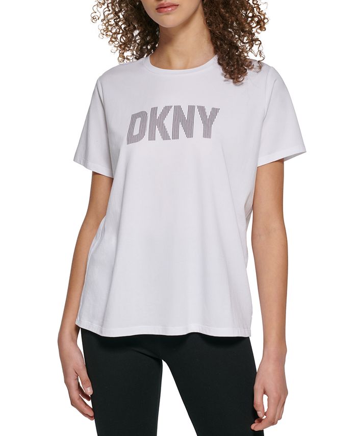 DKNY Women's Striped-Logo Short-Sleeve Crewneck Tee - Macy's