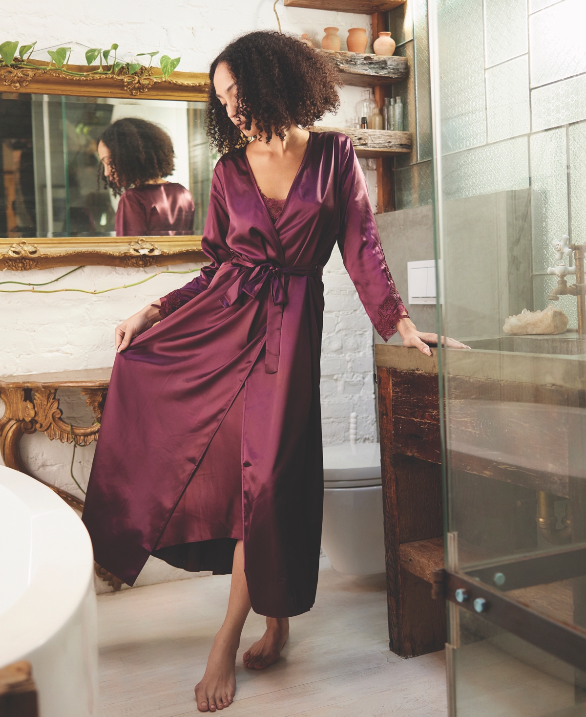Flora By Flora Nikrooz Stella Satin Venise Trim Robe In Burgundy