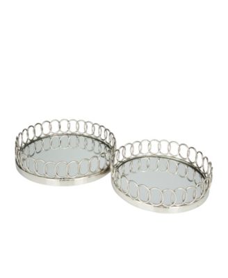 Stainless Steel Mirrored Tray with Circle Patterned Sides, Set of 2, 16", 14" W