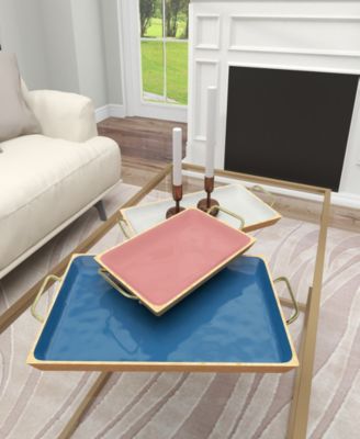 Multi Colored Mango Wood Tray with Enamel Interior, Set of 3, 24", 18", 15" W