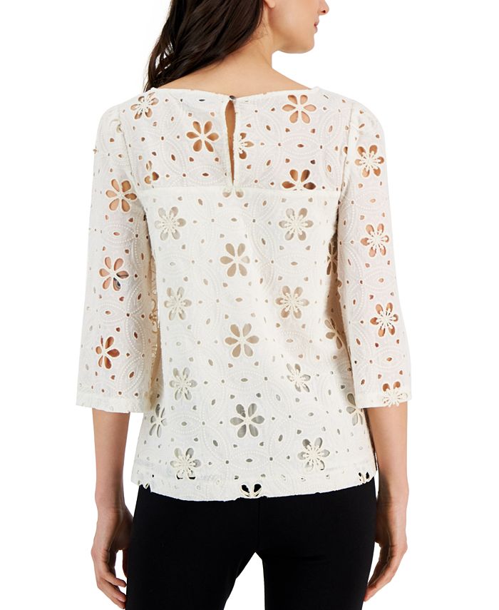 T Tahari Women's Floral Embroidered Eyelet BoatNeck Top Macy's