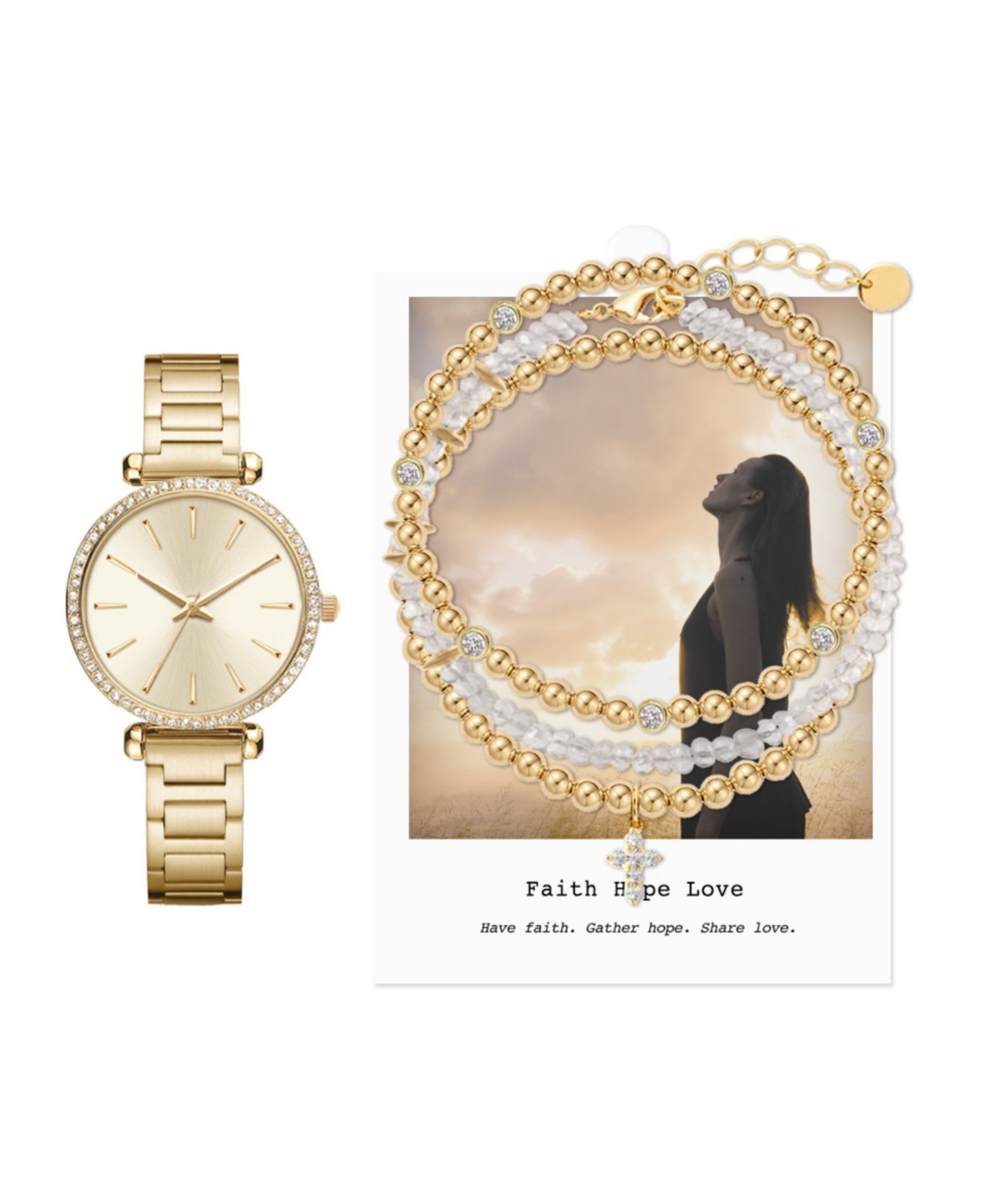 Jessica Carlyle Women's Analog Gold-Tone Metal Alloy Watch 33mm and Bracelet Set, 4 Pieces