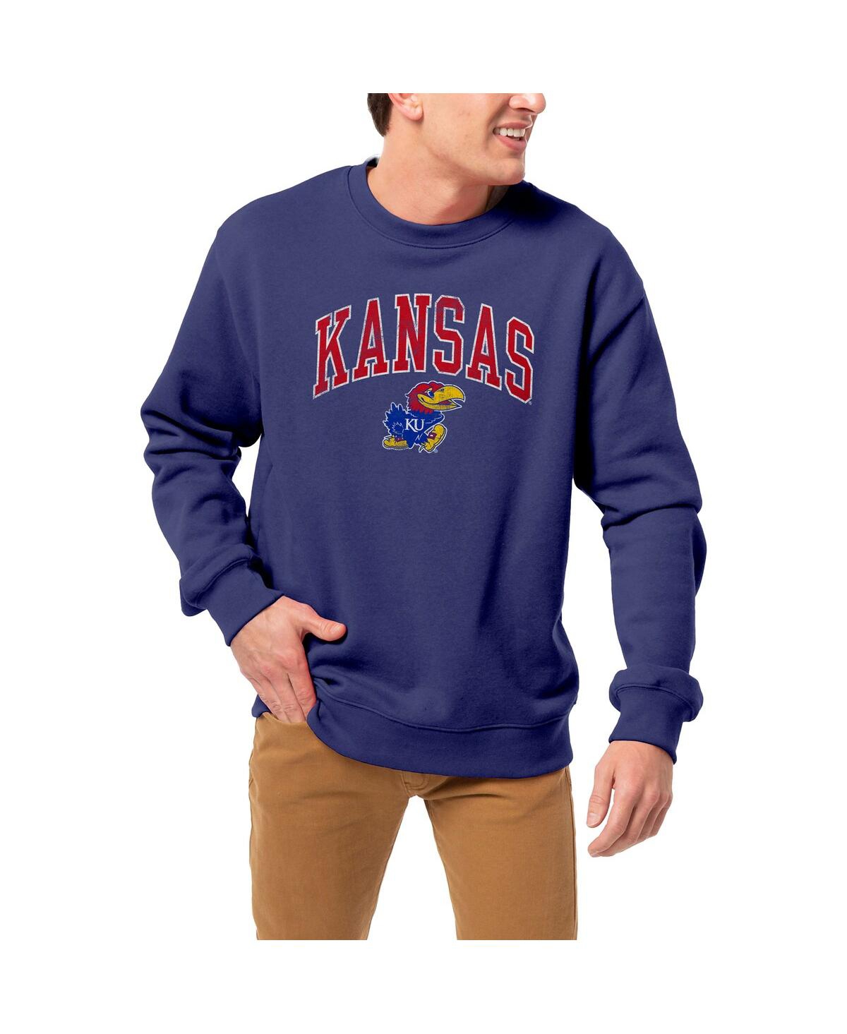 League Collegiate Wear Men's  Royal Kansas Jayhawks 1965 Arch Essential Fleece Pullover Sweatshirt