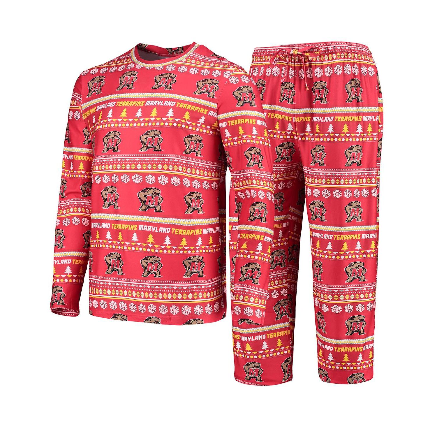 Men's Red Maryland Terrapins Ugly Sweater Long Sleeve T-shirt and Pants Sleep Set