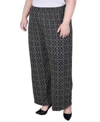 Pantalon Palazzo Femme NY Collection Taille L – Vert Imprimé Géométrique, Jambes Larges, Taille élastique Avec Poches