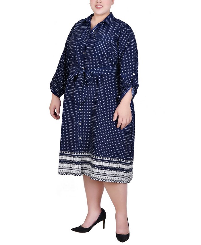 White 3/4 Slv Roll Tab Shirtdress - Plus Size
