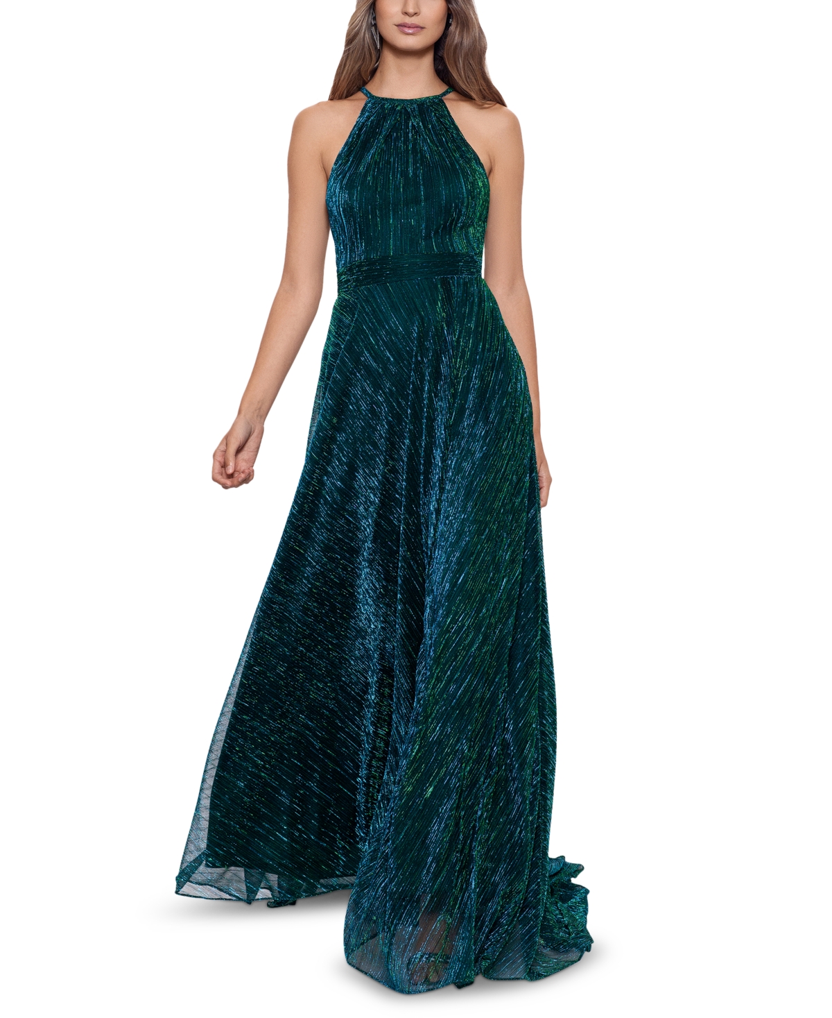 Women's Crinkled Metallic Halter Gown - Jade