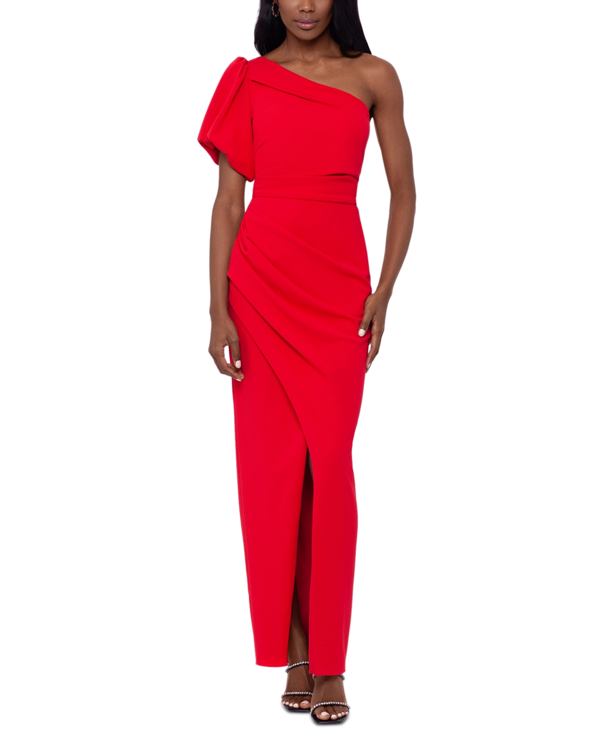 Betsy And Adam Womens One Shoulder Puff Sleeve Gown In Red Modesens 4050