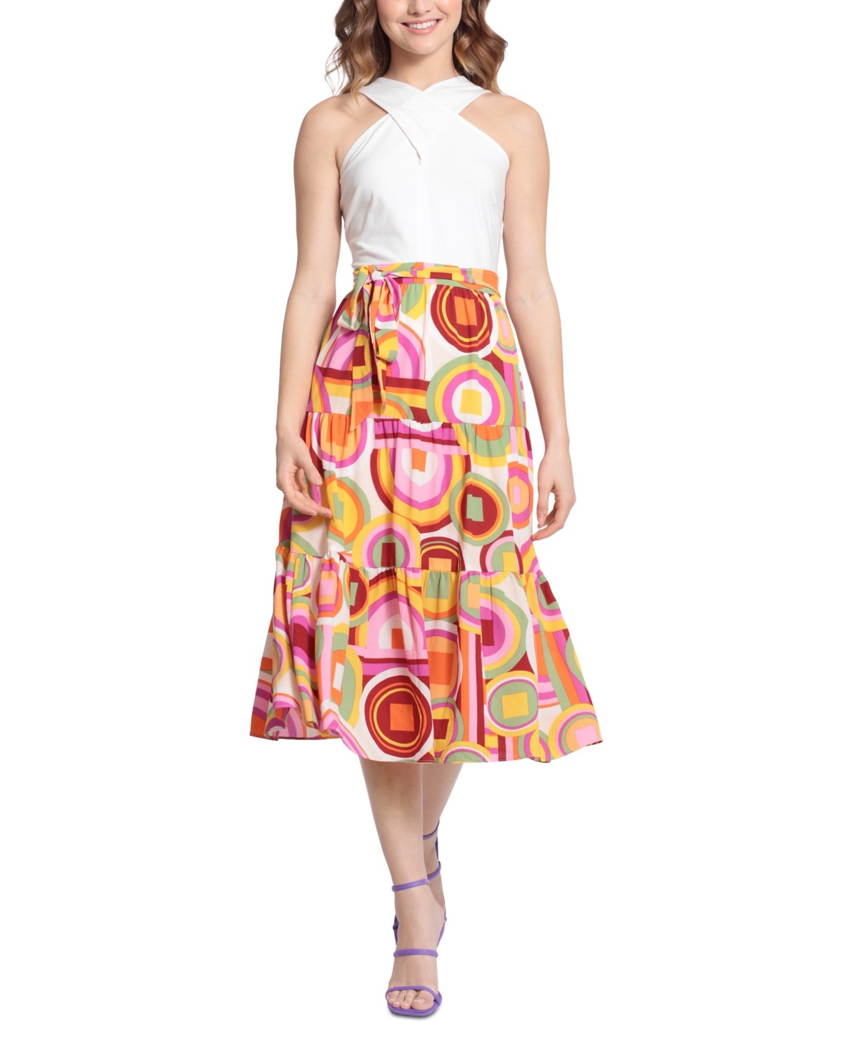 Women's Mixed-Design Halter Fit & Flare Dress - Cream/orange