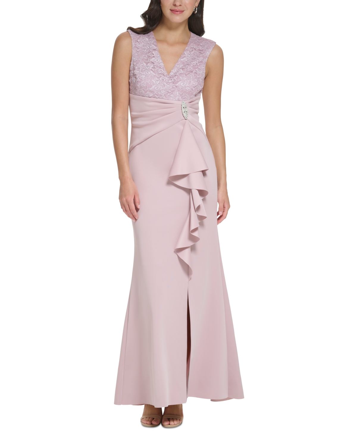Jessica Howard Side-Ruffled Embellished Gown