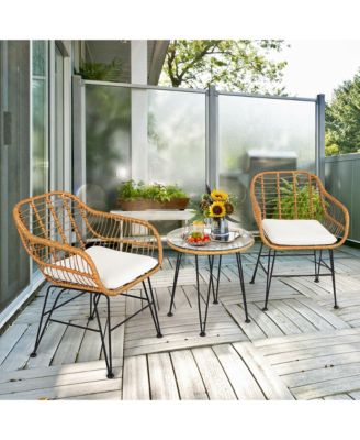 3PCS Patio Rattan Bistro Furniture Set Cushioned Chair Table