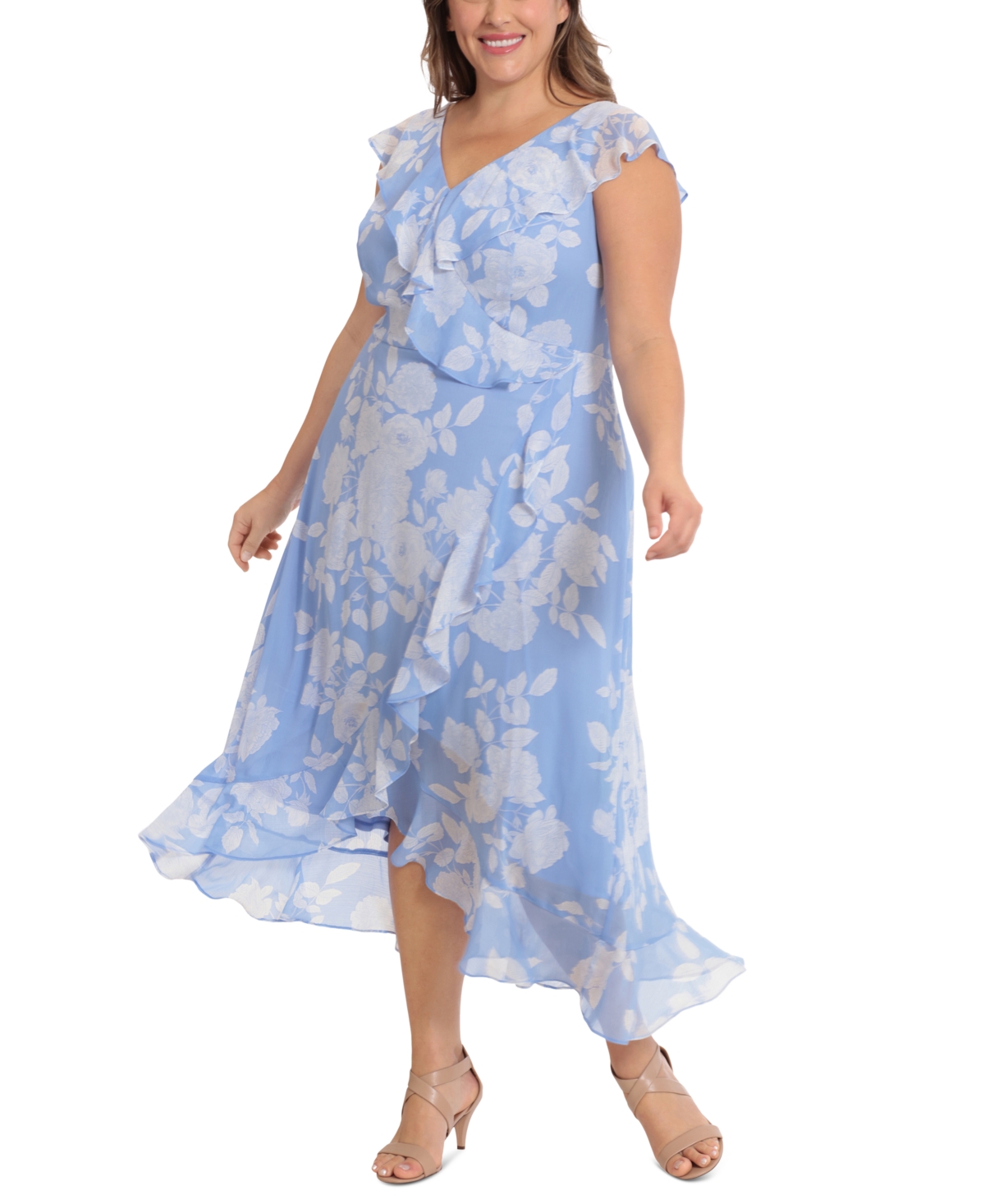 Plus Size Ruffled Floral-Print Faux-Wrap Dress - Blue/White